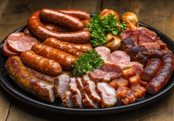 Gourmet Meat Platter Featuring Sausages, Bacon, Ham, and Herbs on a Wooden Table for Culinary Experiences and Food Photography Projects