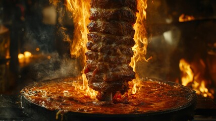 Flaming Meat Rotating On A Skewer Over Fire