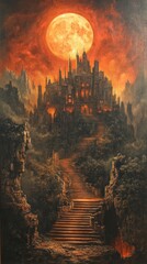 Ornate castle on hill with stairs under moon.