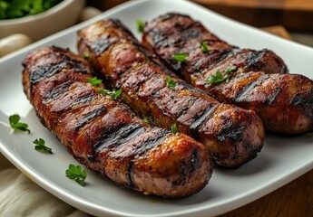 Grilled Sausages on White Plate with Fresh Herbs and Green Background Perfect for Barbecue or Summer Cooking Inspiration for Food Photography