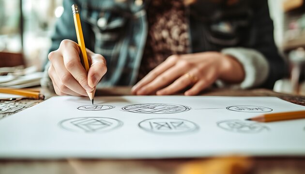Woman's Hands Drawing Designs with Pencil on Paper