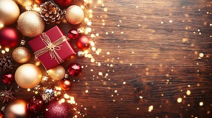 Decorations And A Gift Box Arranged On A Rustic Wooden Surface