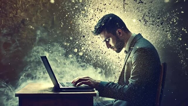 Conceptual businessman immersed in digital world while coding online