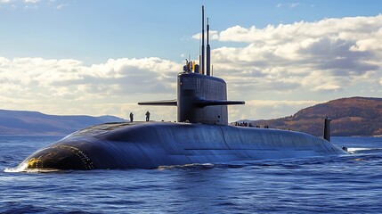 Ohio-class submarine, a ballistic missile submarine of the United States Navy, sailing on the ocean