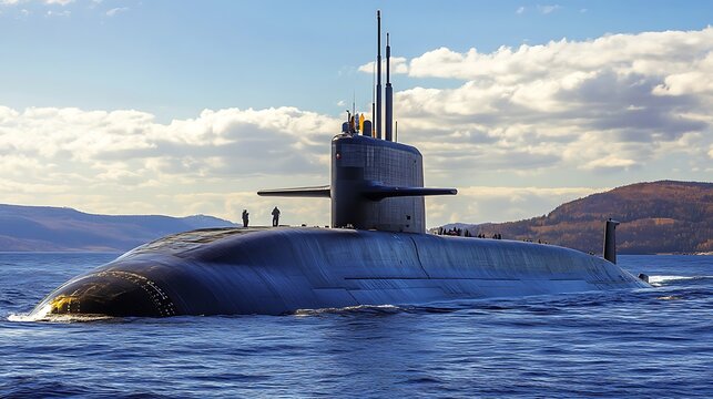 Ohio-class submarine, a ballistic missile submarine of the United States Navy, sailing on the ocean
