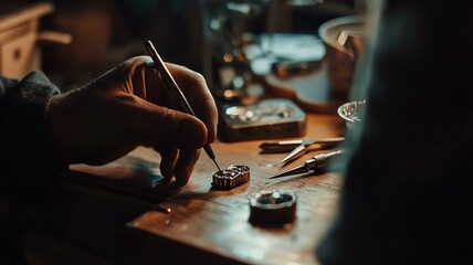 Photorealistic image of an artisan handcrafting jewelry, using small tools to place stones in a metal setting on a workbench
