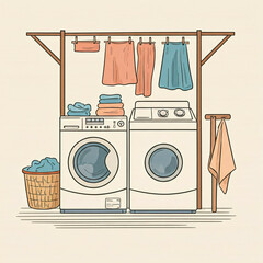 cartoon laundry room with washing machines and clothes drying rack