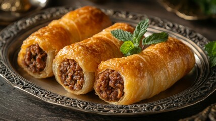 Delicious Meat Filled Pastry Rolls on Antique Plate