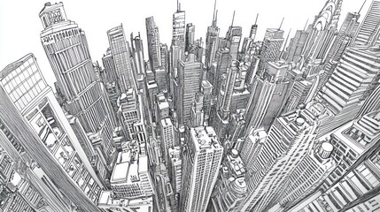 High-angle view of a densely populated city.  Detailed architectural drawing of skyscrapers