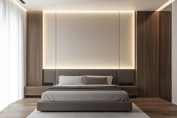Modern minimalist bedroom design showcasing elegant bed and wall accents