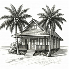 black and white sketch of a tropical beach house with palm trees