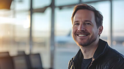 Obraz premium Confident man smiling in airport, exuding positivity and readiness for travel