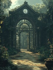Obraz premium Overgrown archway with clock leads to forest path.
