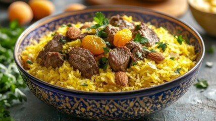 Delicious Lamb Apricot Rice Dish In Ornate Bowl