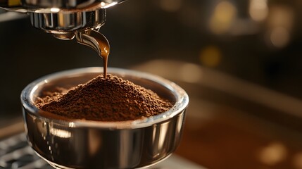 Freshly ground coffee cascading into a portafilter, capturing the essence of artisanal brewing