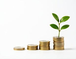Growing Money Plant Sprouting from Stack of Gold Coins