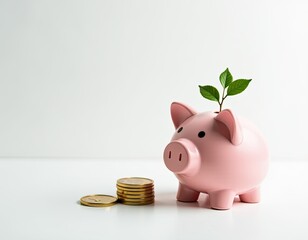Pink Piggy Bank with Growing Plant and Gold Coins - Savings, Investment, Growth Concept