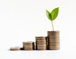 Growing Money Plant Sprout on Stacks of Coins Representing Investment Growth and Financial Success