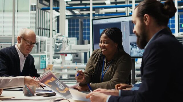 Factory management presents business models to businessmen, expanding production. Shareholders discuss integrating automation technology in industrial plant, looking at equipment options, camera A