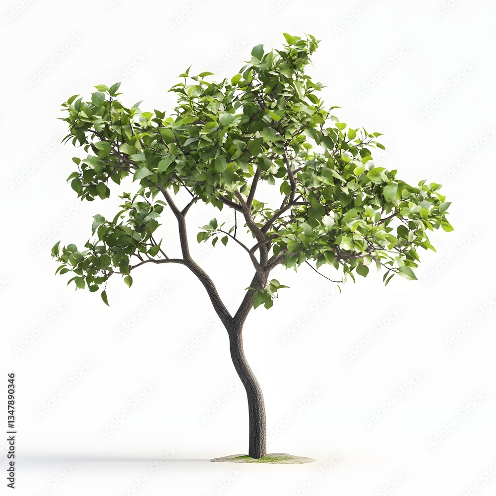 Poster a digitally rendered image of a young tree with vibrant green leaves, isolated on a pure white backg