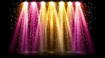 Stage spotlights illuminate glitter on black background