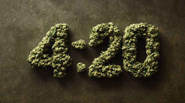 4:20 Day made of cannabis leaves. 420, celebration and consumption of cannabis and marijuana, liberalization and legalization.