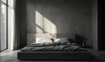 A modern and minimalist bedroom bathed in natural sunlight