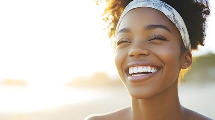 Young woman radiates joy in a serene portrait, embodying pure happiness and inner peace