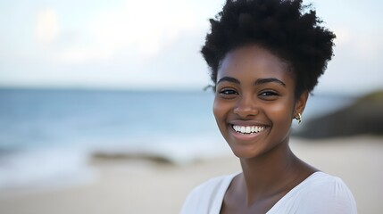 Young woman radiates joy in a serene portrait, embodying pure happiness and inner peace