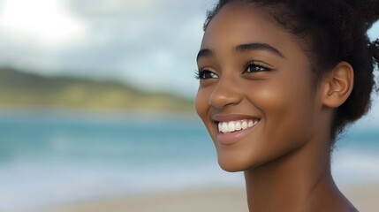 Young woman radiates joy in a serene portrait, embodying pure happiness and inner peace