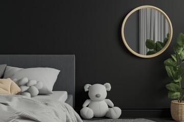 A cozy bedroom featuring a bed mirror and a cute teddy bear