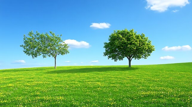 Two Lush Green Trees Standing Alone In A Sunny Field