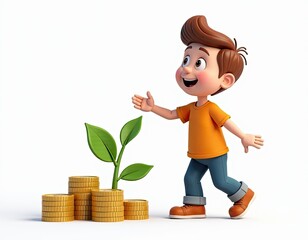 Happy Cartoon Boy Watching Money Plant Grow - Investment, Savings, and Finance Concept