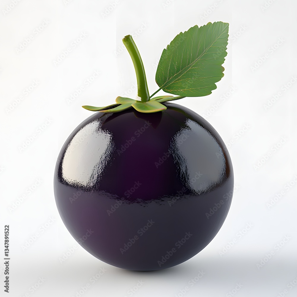 Poster a digital rendering of a glossy purple fruit, featuring a single green leaf. the image is clean and 