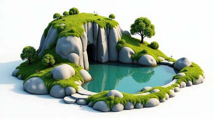 Idyllic Cartoon Island with Pond and Cave - 3D Render
