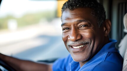 Confident truck driver smiles warmly, embodying professionalism and trust on the open road