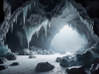Ice cave with frozen sharp icicles and a frosty rocky ground.