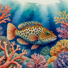 Watercolor Illustration of a Leopard Wrasse in the Pacific Ocean.  A leopard wrasse weaving through a coral reef in the Pacific Ocean