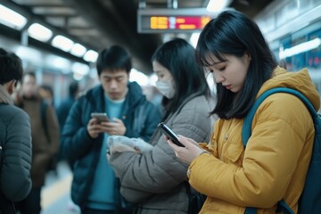 Four commuters are standing at a subway station, focused on their smartphones. It is busy rush hour with a mix of casual clothing, and the lighting is modern and bright.