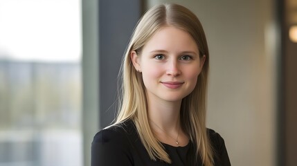 Confident young businesswoman in a modern office, embodying professionalism and focus
