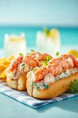 Lobster roll variations showcasing fresh lobster in buttered buns by the coast in summer