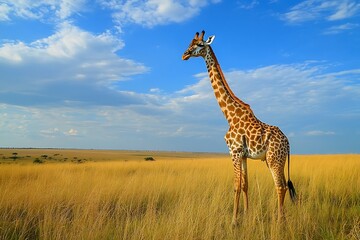 Fototapeta premium African savanna’s vast beauty glows through a giraffe amid golden horizons 