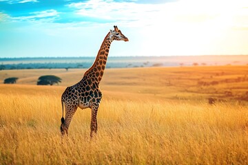 Obraz premium A noble giraffe reflects savanna splendor with golden fields and far-off skies 