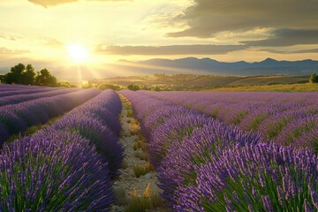 Obraz premium Rows of vibrant lavender stretch across the field under a golden sunset. The sun casts warm light over the purple blossoms, illuminating the serene countryside in the evening.