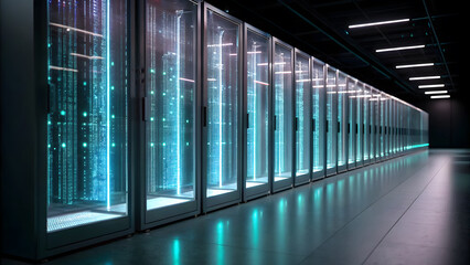 Fototapeta premium Data Transparency & Trust Data center with glowing servers symbolizes transparency and trust in digital information storage