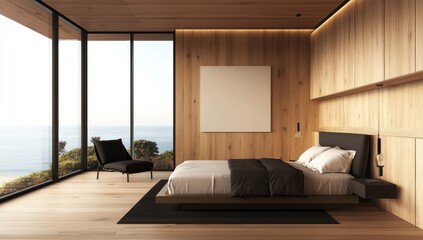 A luxurious modern bedroom with ocean view and wooden paneling