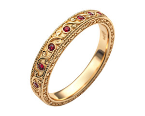 Elegant gold band with intricate design and red gemstones for jewelry lovers