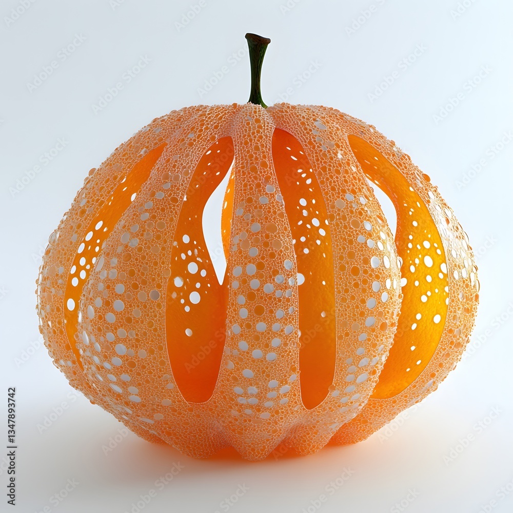 Poster Close-up of an artistic orange sculpture. Its unique design features segmented pieces and bubble textures. Fruit Isolated on a white background. Clementine Fruits