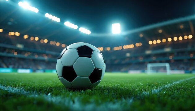 Soccer ball on green field in stadium at night. Blurred background with bright lights, full of fans. Game of football, sport, competition, championship. Victory concept.
