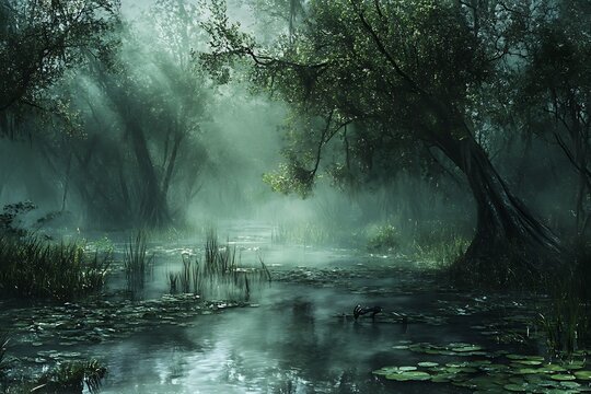 A serene swamp shines through mist with mysterious creatures and ethereal charm  
